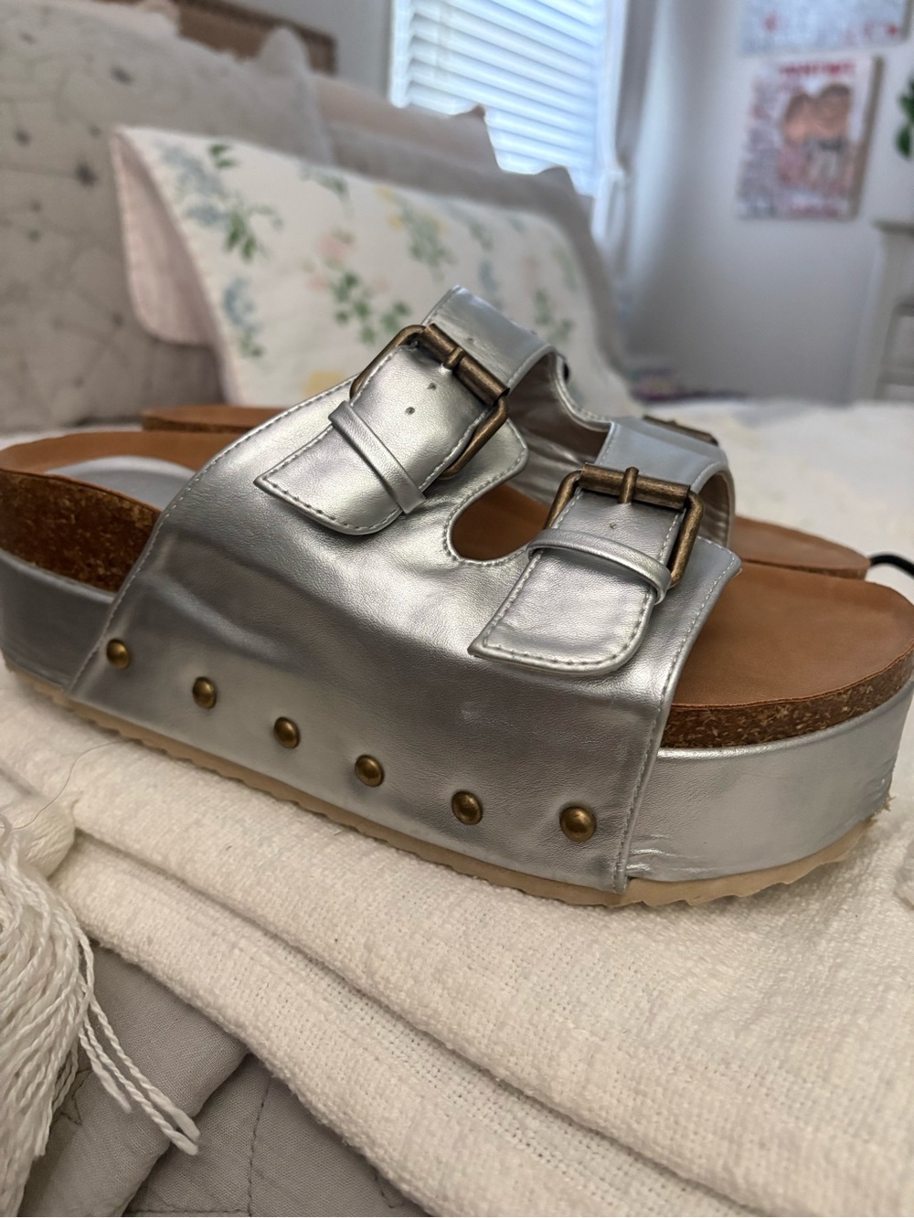 Metallic Silver Platform Slide Sandals with Dual Buckles